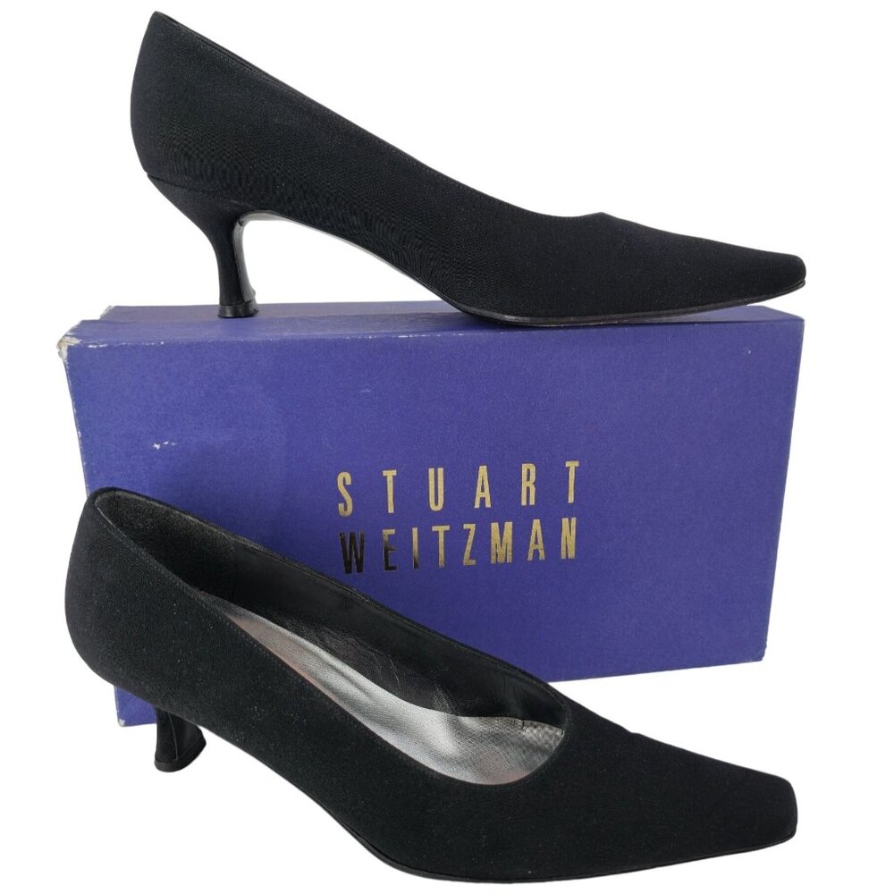 Stuart Weitzman Black Plissé Fabric Formal Pumps Womens 8.5AAA Dress Shoes Heels - Picture 1 of 14